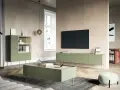 Nowoczesny salon z meblami w kolorze oliwkowym: komoda, stolik kawowy i szafka RTV.