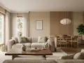Przytulny salon w stylu japandi. Jasna sofa, drewniany stół i krzesła, ozdobne panele ścienne.