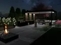 Nowoczesne miejsce na grilla w ogrodzie z paleniskiem, grillem, nowoczesną zabudową i strefą wypoczynkową pod zadaszeniem.
