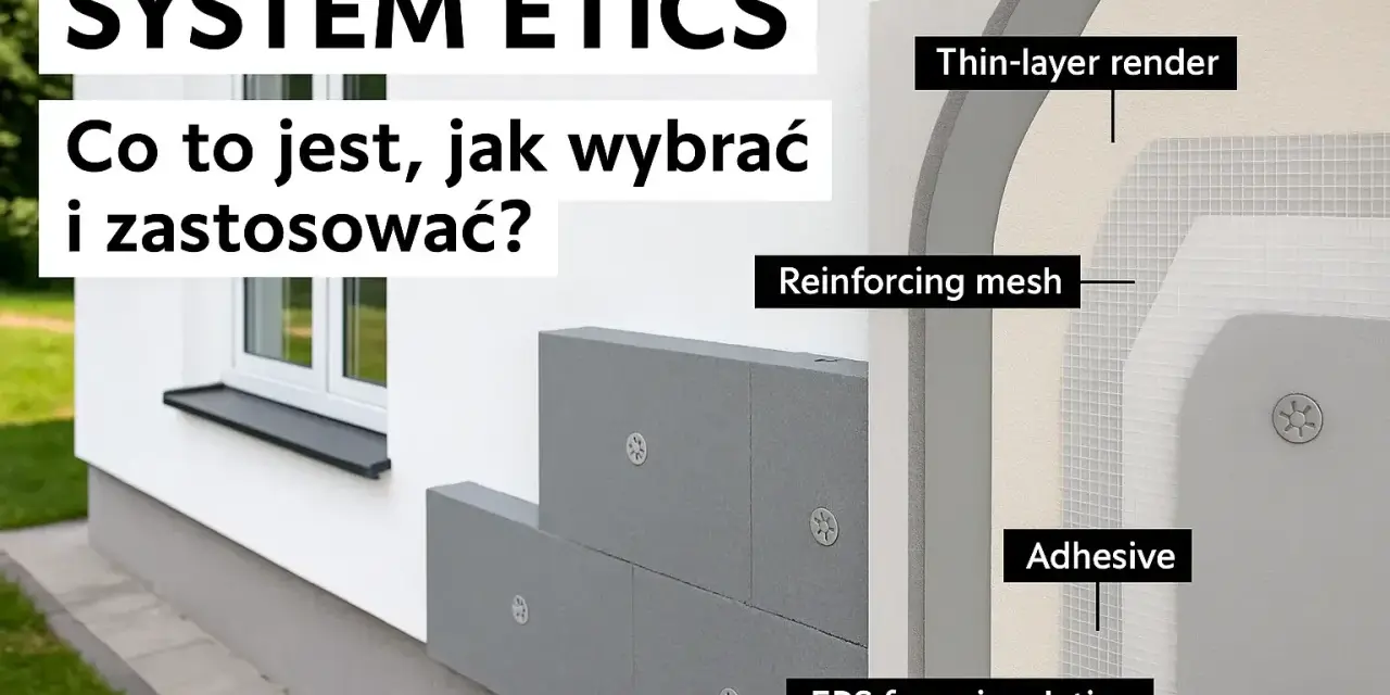 System ETICS: warstwy izolacji cieplnej budynku, od styropianu po tynk.