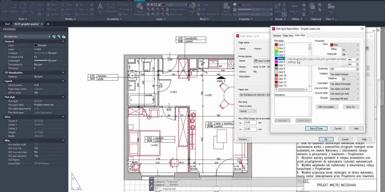 Program do projektowania wnętrz w AutoCAD, pokazujący plan mieszkania z wymiarami i ustawieniami wydruku.
