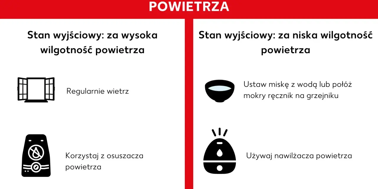 Porady dotyczące regulacji wilgotności w domu: wietrz przy za wysokiej wilgotności, używaj nawilżacza przy za niskiej.