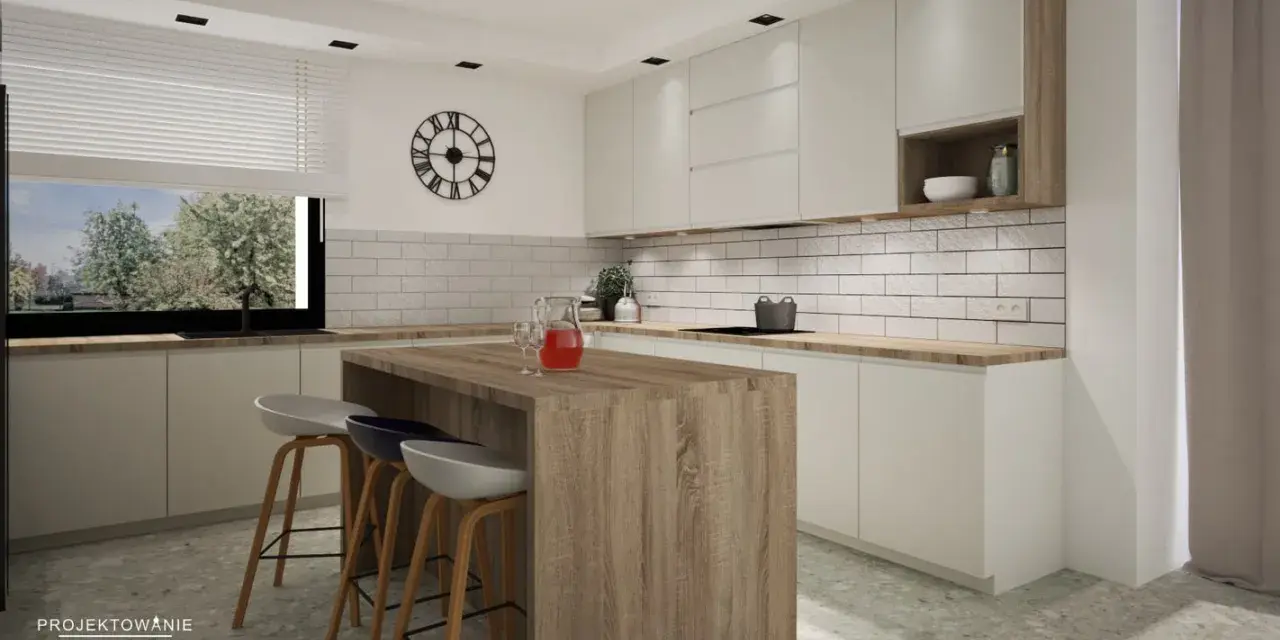Nowoczesny projekt kuchni online: białe fronty, drewniana wyspa, cegiełka na ścianie i duży zegar.