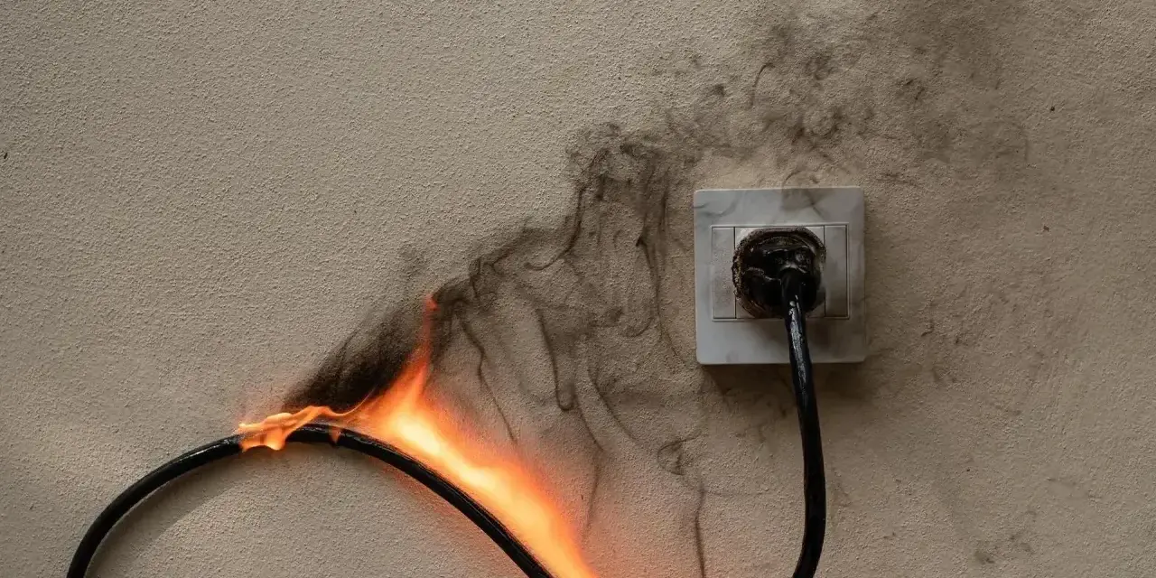 Płonący kabel podłączony do gniazdka, dym unosi się po ścianie. Zastanawiasz się, ile gniazdek na jednym obwodzie to bezpieczna liczba?