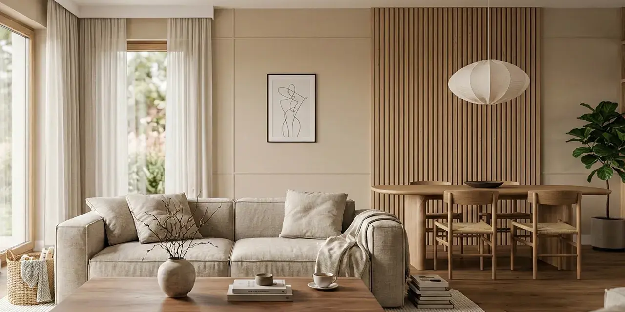 Przytulny salon w stylu japandi. Jasna sofa, drewniany stół i krzesła, ozdobne panele ścienne.