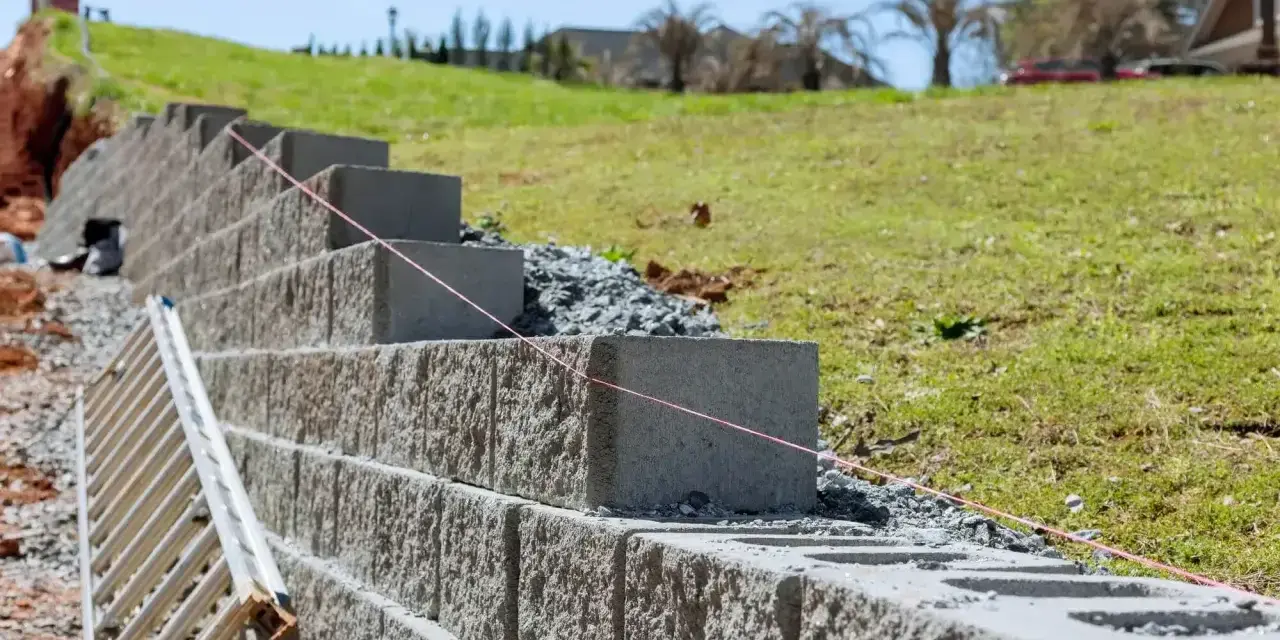 Budowa murek oporowy w ogrodzie. Betonowe bloki układane są warstwami, tworząc stabilną konstrukcję na zboczu.