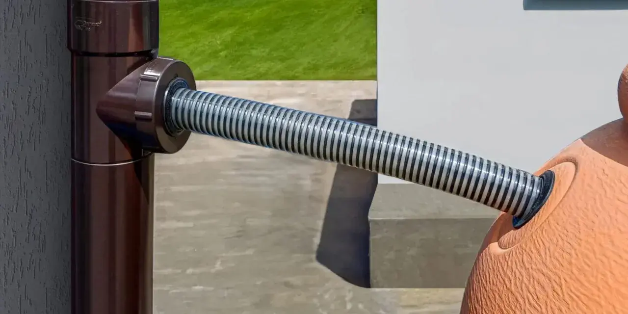 Elastyczny wąż odprowadza wodę z rynien do ozdobnego zbiornika w kształcie zwierzęcia.