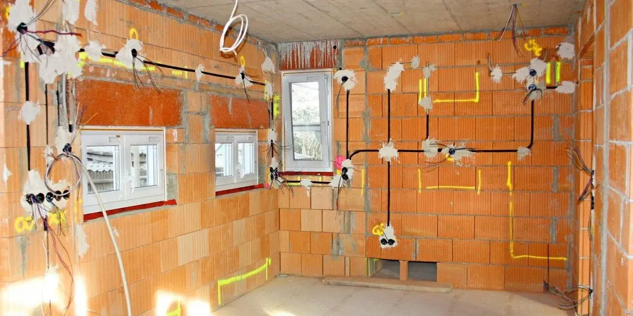 Rozpoczyna się instalacja elektryczna w domu. Widoczne przewody, puszki i oznaczenia na ceglanych ścianach.