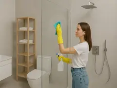 Kobieta w żółtych rękawiczkach czyści kabinę prysznicową, używając gąbki i sprayu. Dowiedz się, czym myć kabinę prysznicową, by lśniła czystością.