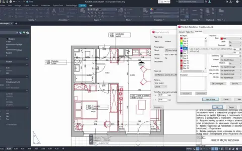 Program do projektowania wnętrz w AutoCAD, pokazujący plan mieszkania z wymiarami i ustawieniami wydruku.
