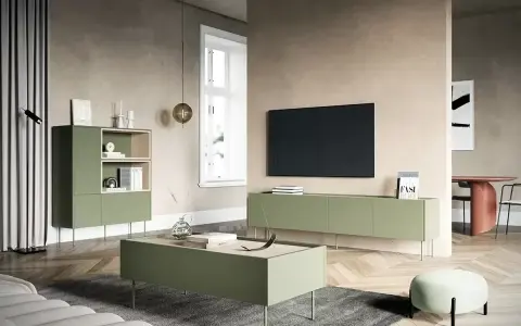 Nowoczesny salon z meblami w kolorze oliwkowym: komoda, stolik kawowy i szafka RTV.