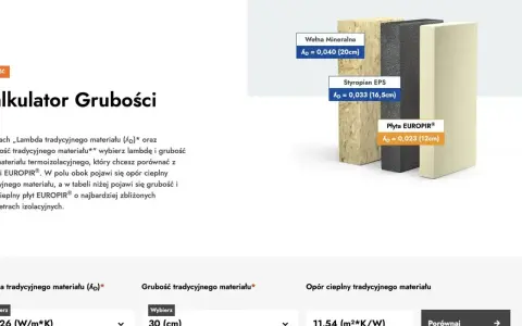 Porównanie grubości styropianu, wełny mineralnej i płyty EUROPIR®. Kalkulator grubości pozwala wybrać optymalny materiał izolacyjny.
