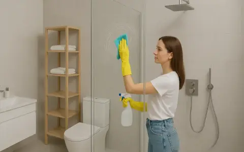 Kobieta w żółtych rękawiczkach czyści kabinę prysznicową, używając gąbki i sprayu. Dowiedz się, czym myć kabinę prysznicową, by lśniła czystością.