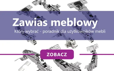 Różne rodzaje zawiasów meblowych, od prostych po te z amortyzacją, pokazane na tle poradnika.