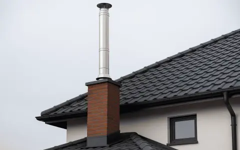 Nowy, błyszczący przedłużenie komina ze stali nierdzewnej na ceglanym postumencie, na tle ciemnego, dachówkowego dachu.