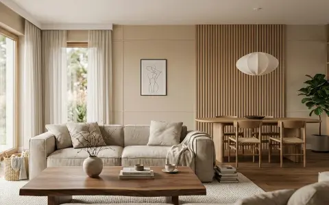 Przytulny salon w stylu japandi. Jasna sofa, drewniany stół i krzesła, ozdobne panele ścienne.