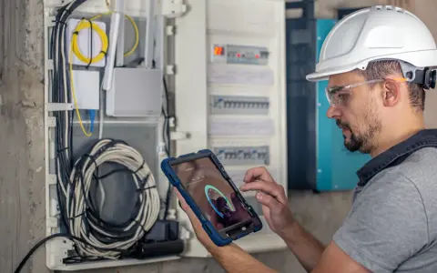 Technik w kasku i okularach ochronnych sprawdza przegląd instalacji elektrycznej domu na tablecie, analizując parametry sieci.