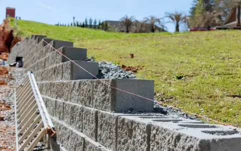 Budowa murek oporowy w ogrodzie. Betonowe bloki układane są warstwami, tworząc stabilną konstrukcję na zboczu.