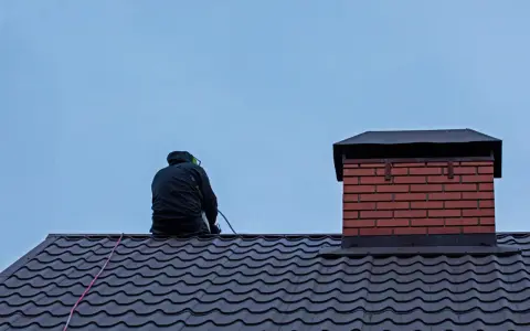 Przegląd kominiarski na dachu. Kominiarz w czarnej kurtce siedzi na ciemnym dachu, obok ceglanego komina.