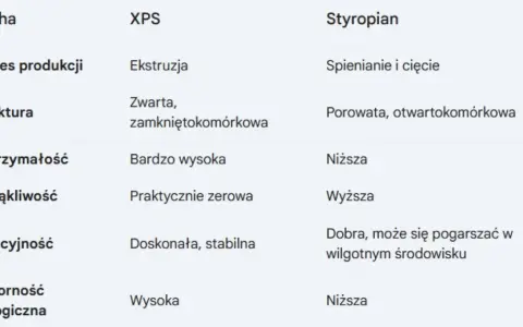 Tabela porównująca rodzaje styropianu: XPS i tradycyjny. Różnice w procesie produkcji, strukturze, wytrzymałości, nasiąkliwości, izolacyjności i odporności biologicznej.