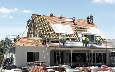 Ekipa budowlana pracuje nad remontem dachu domu. Widać rusztowania, drabiny i materiały budowlane.