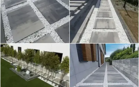 Nowoczesna opaska wokół domu z płyt betonowych i białego żwiru tworzy eleganckie ścieżki i ozdobne rabaty.
