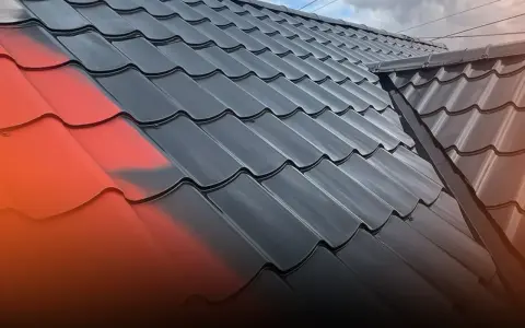 Malowanie dachu z blachy: połowa pokryta czarną farbą, druga połowa wciąż czerwona.