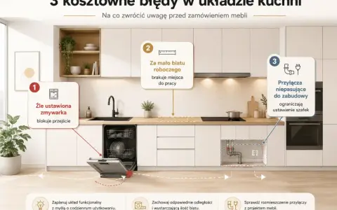 Nowoczesna wizualizacja kuchni z zaznaczonymi błędami: źle ustawiona zmywarka, za mało blatu roboczego i niepasujące przyłącza.