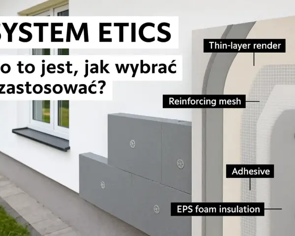 System ETICS: warstwy izolacji cieplnej budynku, od styropianu po tynk.