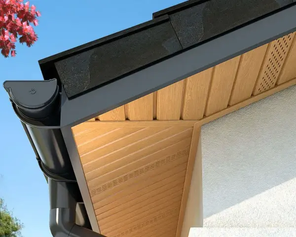 Drewniana podbitka dachu z systemem rynnowym i fragmentem elewacji.