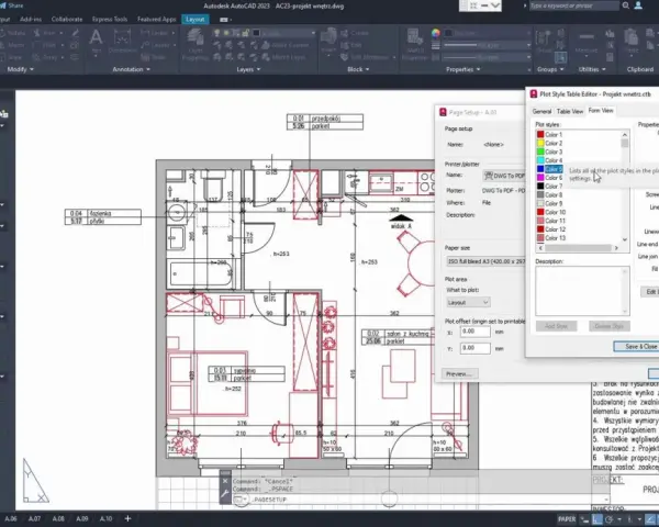 Program do projektowania wnętrz w AutoCAD, pokazujący plan mieszkania z wymiarami i ustawieniami wydruku.