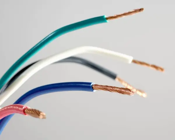 Kilka kolorowych przewodów elektrycznych, w tym niebieski, zielony, biały, czarny i różowy, z odsłoniętymi miedzianymi żyłami.