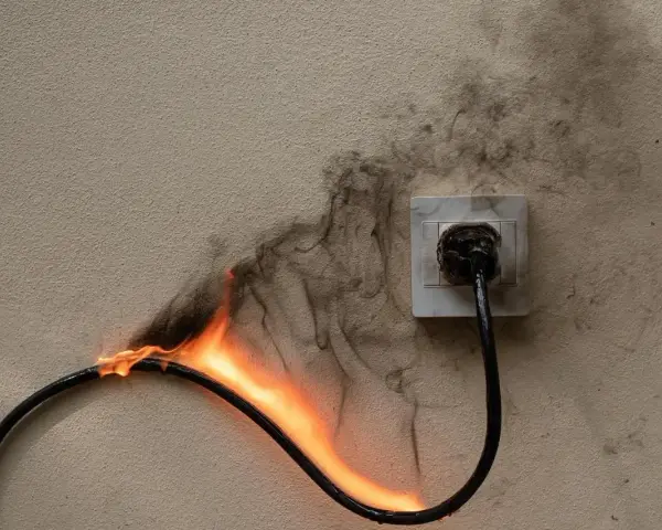 Płonący kabel podłączony do gniazdka, dym unosi się po ścianie. Zastanawiasz się, ile gniazdek na jednym obwodzie to bezpieczna liczba?