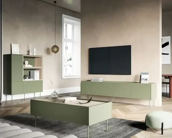 Nowoczesny salon z meblami w kolorze oliwkowym: komoda, stolik kawowy i szafka RTV.