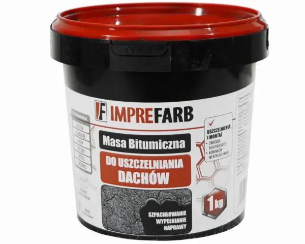 Czarny kubełek z czerwoną pokrywką zawiera masę bitumiczną do uszczelniania dachów. Produkt o wadze 1 kg, idealny do napraw i wypełniania ubytków.