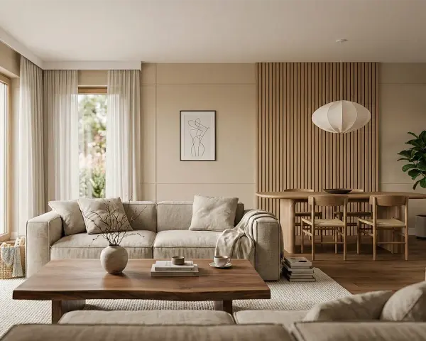Przytulny salon w stylu japandi. Jasna sofa, drewniany stół i krzesła, ozdobne panele ścienne.
