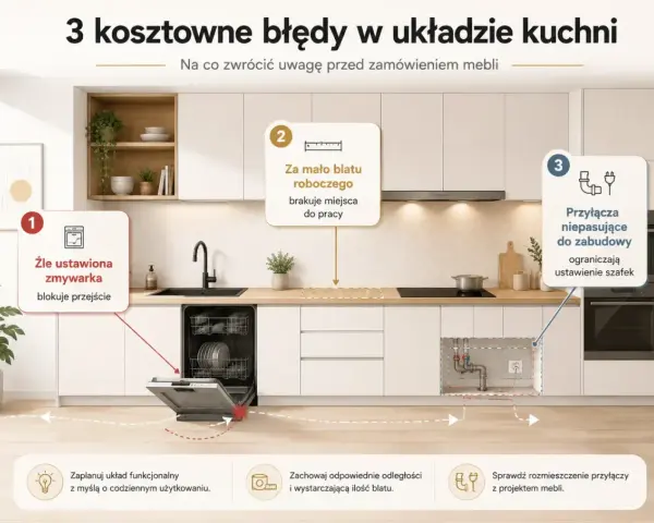 Nowoczesna wizualizacja kuchni z zaznaczonymi błędami: źle ustawiona zmywarka, za mało blatu roboczego i niepasujące przyłącza.