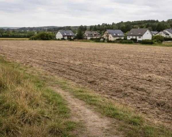 Przekształcenie działki rolnej na budowlaną: zaoraną ziemię otaczają domy, symbolizując urbanizację krajobrazu.