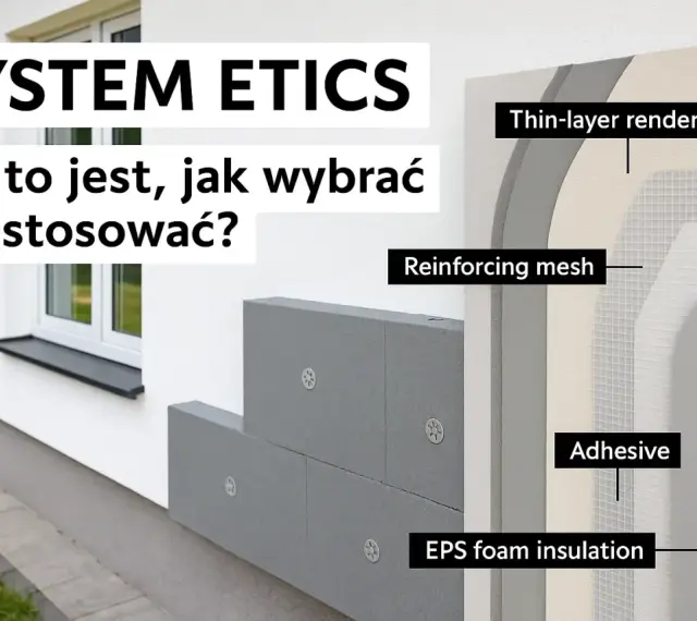System ETICS: warstwy izolacji cieplnej budynku, od styropianu po tynk.
