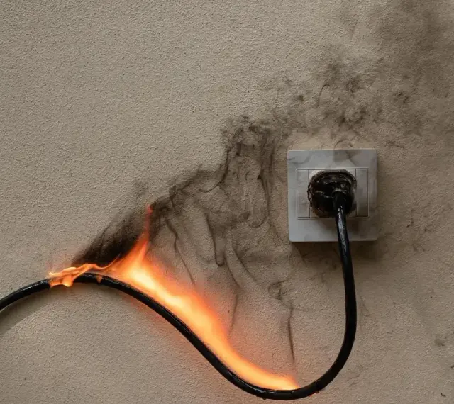 Płonący kabel podłączony do gniazdka, dym unosi się po ścianie. Zastanawiasz się, ile gniazdek na jednym obwodzie to bezpieczna liczba?