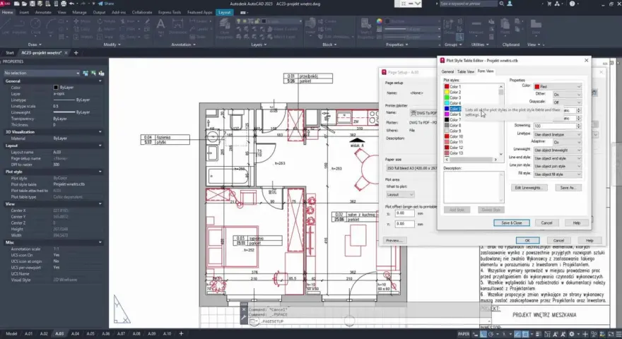Program do projektowania wnętrz w AutoCAD, pokazujący plan mieszkania z wymiarami i ustawieniami wydruku.