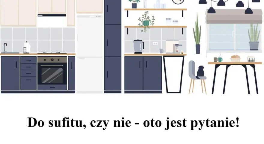 Nowoczesna kuchnia z ciemnogranatowymi i beżowymi szafkami. Zastanawiasz się nad wymiarami szafek kuchennych?