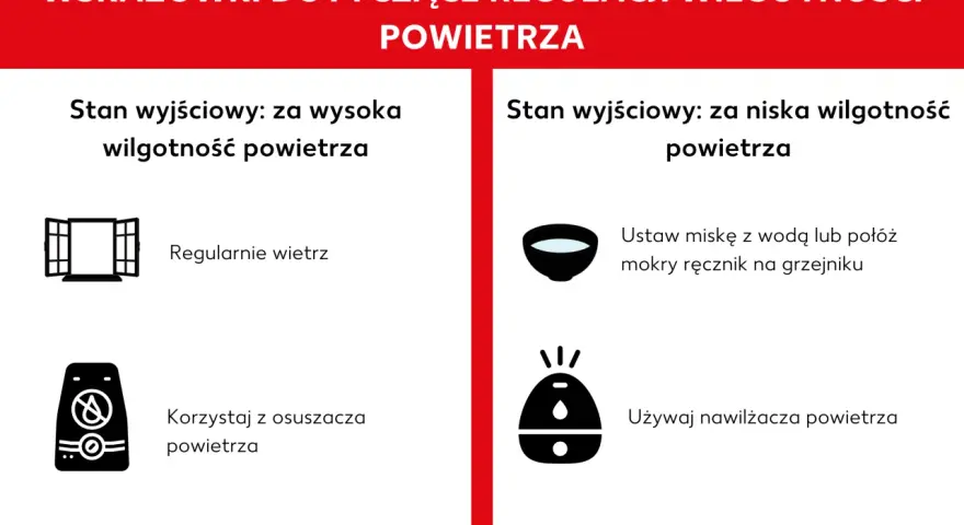 Porady dotyczące regulacji wilgotności w domu: wietrz przy za wysokiej wilgotności, używaj nawilżacza przy za niskiej.