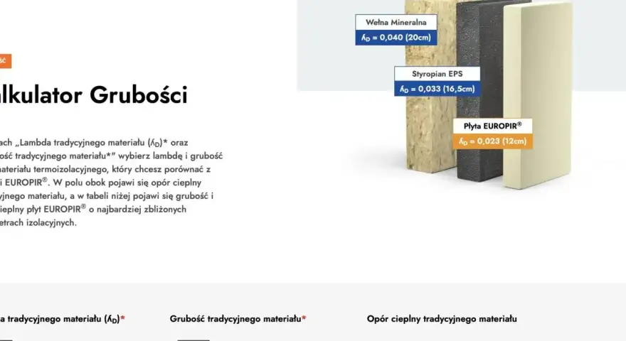 Porównanie grubości styropianu, wełny mineralnej i płyty EUROPIR®. Kalkulator grubości pozwala wybrać optymalny materiał izolacyjny.
