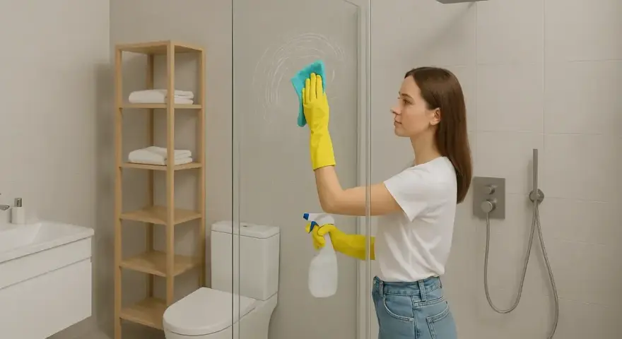 Kobieta w żółtych rękawiczkach czyści kabinę prysznicową, używając gąbki i sprayu. Dowiedz się, czym myć kabinę prysznicową, by lśniła czystością.