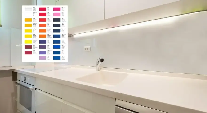 Próbnik kolorów płyty laminowanej nad blatem kuchennym, obok białych szafek.