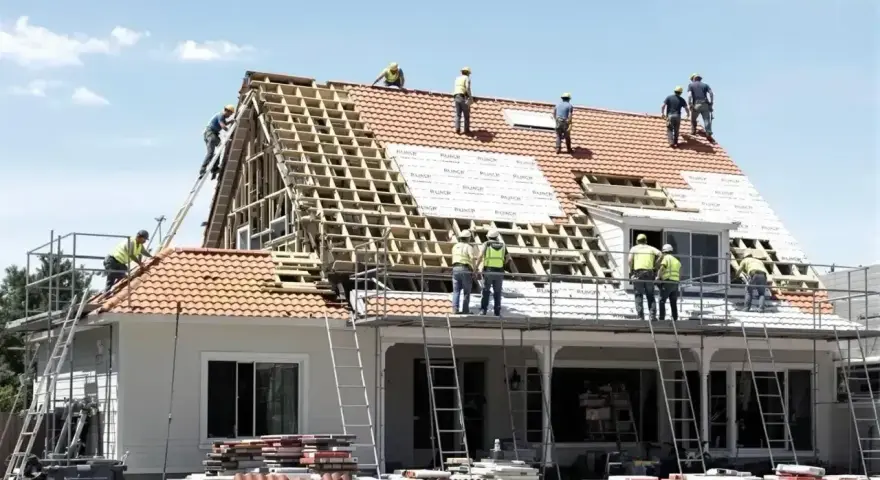 Ekipa budowlana pracuje nad remontem dachu domu. Widać rusztowania, drabiny i materiały budowlane.