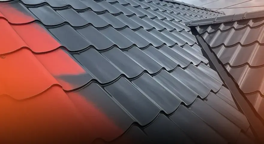 Malowanie dachu z blachy: połowa pokryta czarną farbą, druga połowa wciąż czerwona.