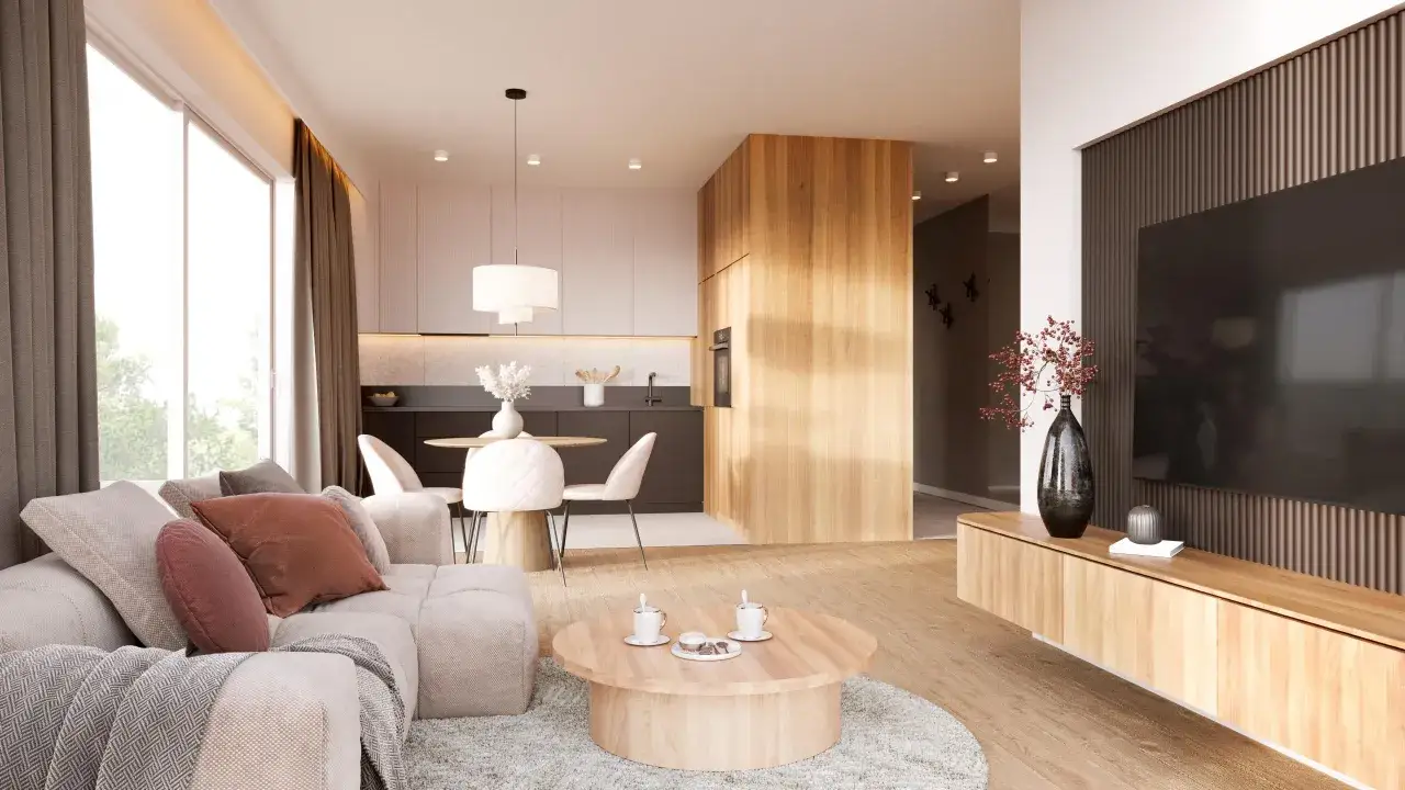 Przytulny salon w stylu japandi z beżową sofą, drewnianym stolikiem kawowym i otwartą kuchnią.
