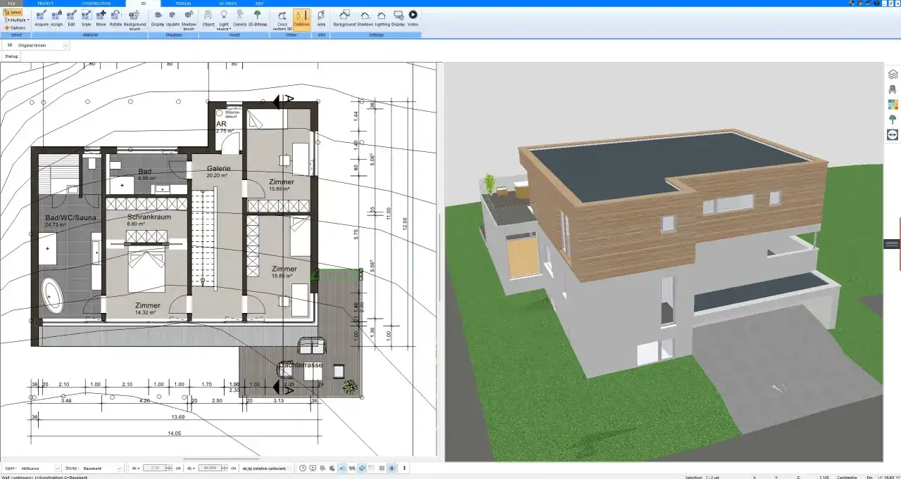 Program do projektowania wnętrz pokazuje plan piętra z wymiarami i widok 3D nowoczesnego domu.